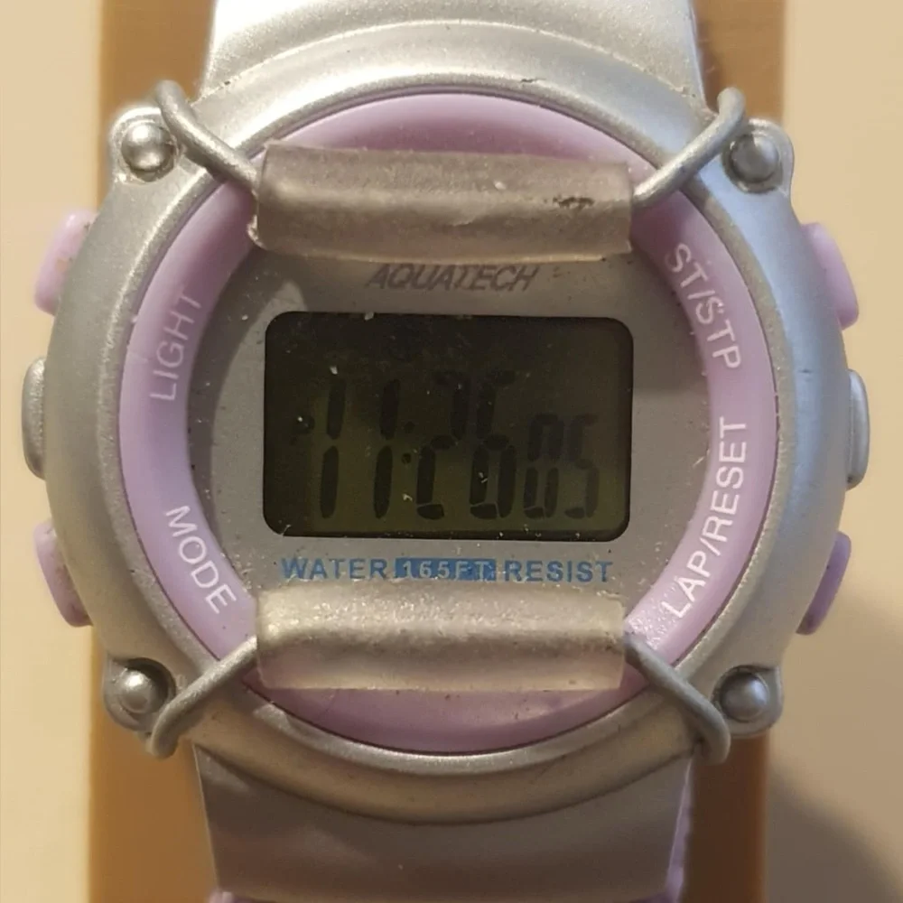 🦋10/$20🦋 Aquatech Silver/Purple Nylon Digital Alarm Chrono Women's Watch
